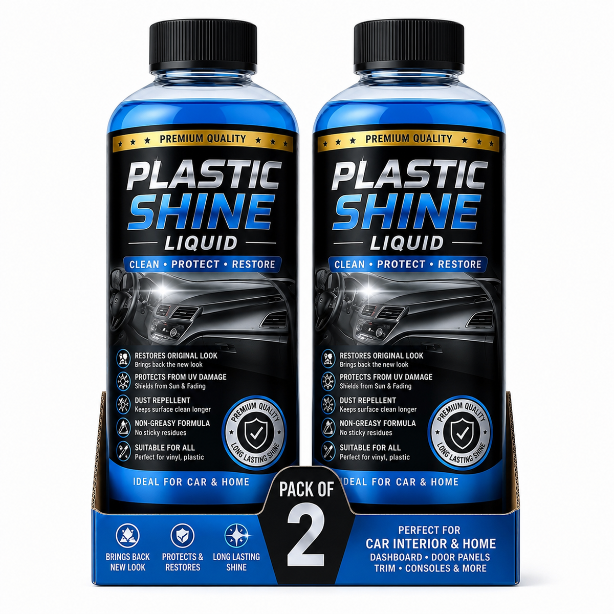 Premium Plastic Shine Liquid | Dashboard & Interior Restorer | UV Protection | Long Lasting Shine | Car & Home | Pack of 2